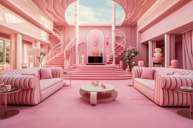 Photo generative ai illustration of luxurious barbie pink living room with large windowsluxury interior design