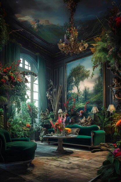 Generative AI illustration of Luxurious Rococo style dining room filled with green plants and artwork with antique furniture