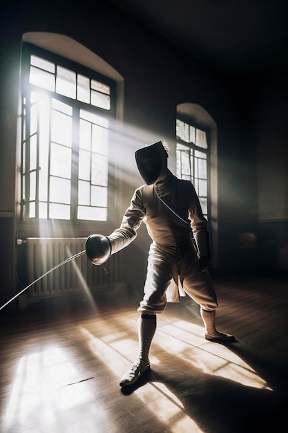 Generative AI illustration of man training fencing in a dark room with rays of light coming through a window