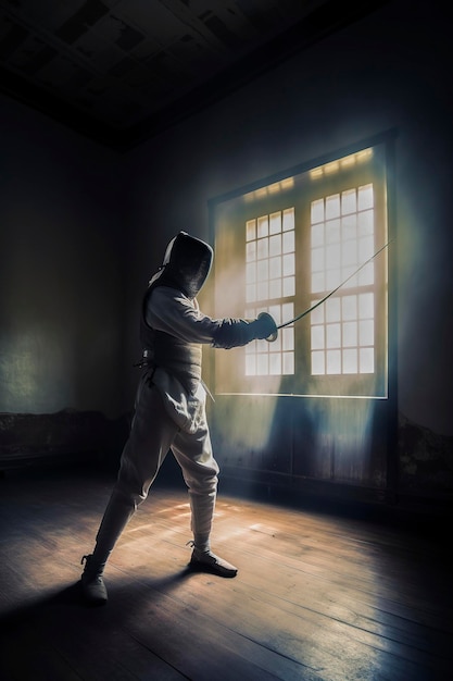 Generative AI illustration of man training fencing in a dark room with rays of light coming through a window