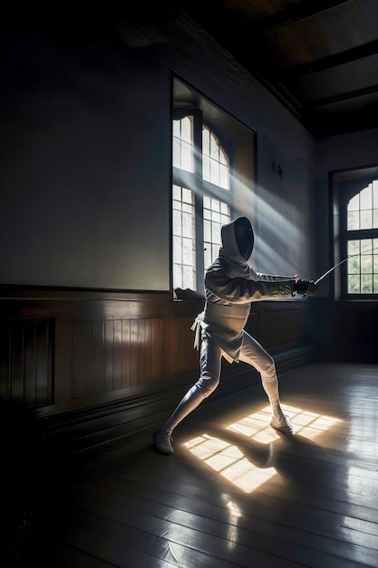 Generative AI illustration of man training fencing in a dark room with rays of light coming through a window