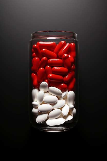 Generative AI illustration of medical pills in white red and black colors on colored backgrounds medicines health