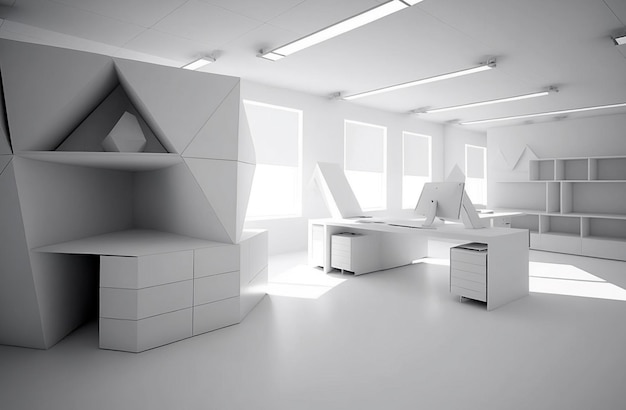 Generative AI illustration of minimalist office white futuristic feng shui zen