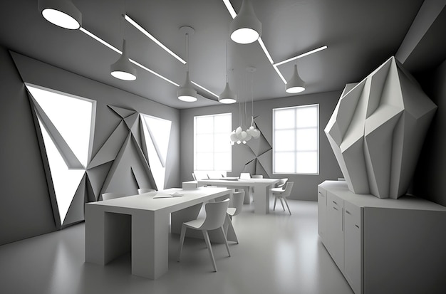 Generative AI illustration of minimalist office white futuristic feng shui zen