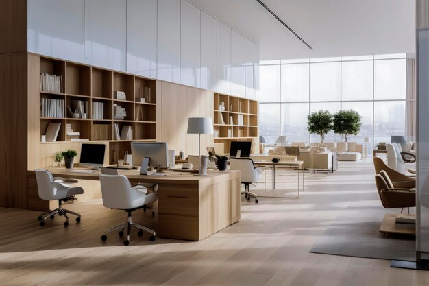 Generative AI illustration of modern workplace decorated with natural and sustainable wood furniture Very bright with natural light