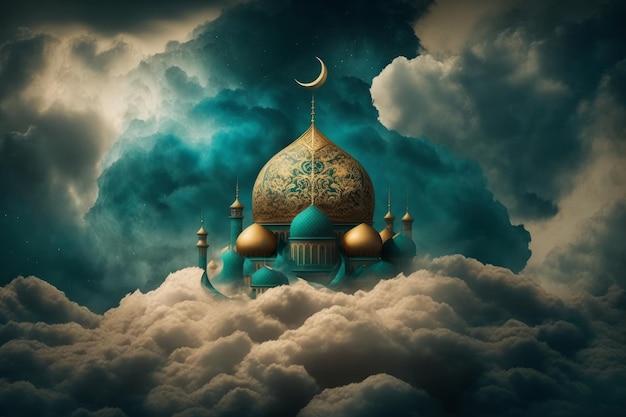 Generative AI illustration of mosque in the clouds Ramadan Kareem background