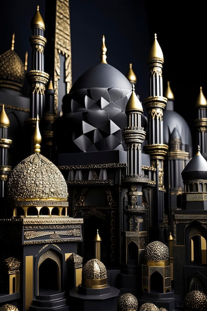 Generative AI illustration of Muslim are in the style of paper sculptures dark gray and gold with Byzantine inspiration