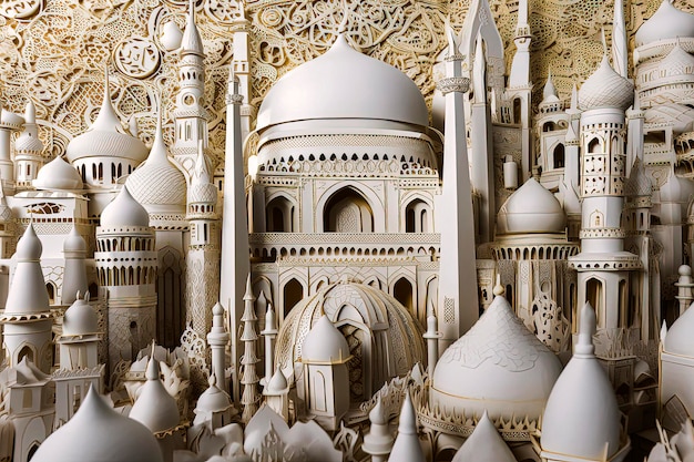 Generative AI illustration of Muslim are in the style of paper sculptures dark gray and gold with Byzantine inspiration