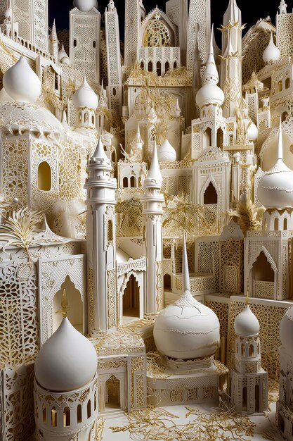 Generative AI illustration of Muslim are in the style of paper sculptures dark gray and gold with Byzantine inspiration