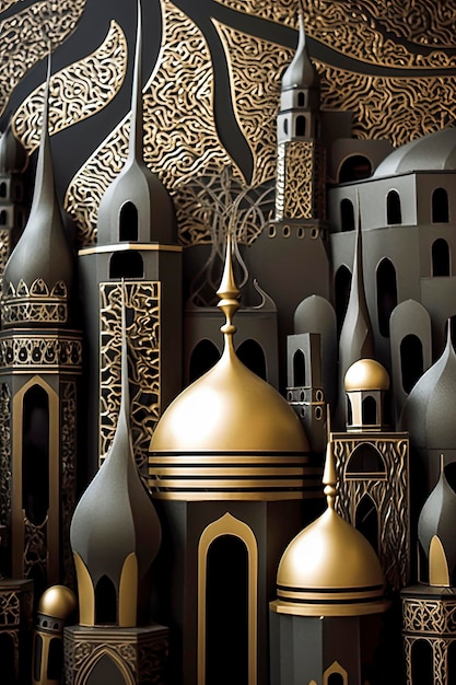 Generative AI illustration of Muslim are in the style of paper sculptures dark gray and gold with Byzantine inspiration