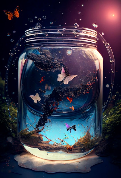 Generative AI illustration of Nature inside a glass jar with plants flowers water fish and butterflies