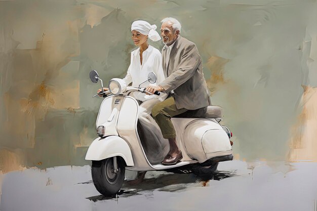 Generative Ai illustration of old couple riding on classic motorbike with background in pastel colors