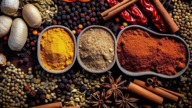 Generative ai illustration of Overhead photo Closeup of spices and foods