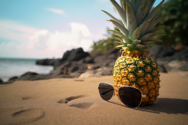 Generative AI illustration of pineapple on the beach with sunglasses on a sunny day with tropical colors