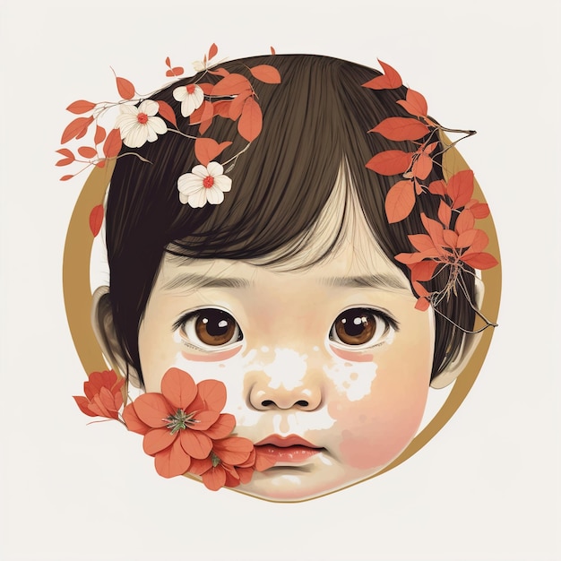 Generative AI illustration portrait of adorable Asian girl with black hair decorated with blooming flowers and traditional costume looking at camera on beige background