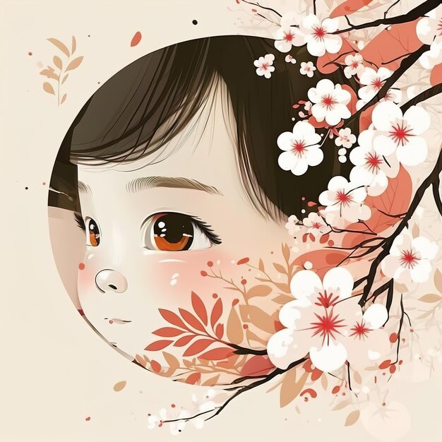 Generative AI illustration portrait of adorable Asian girl with black hair decorated with blooming flowers and traditional costume looking at camera on beige background