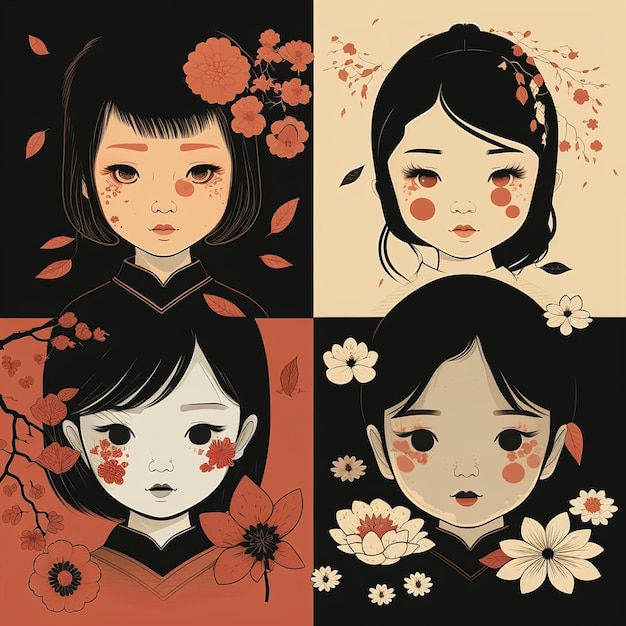 Generative AI illustration portrait of adorable Asian girl with black hair decorated with blooming flowers and traditional costume looking at camera on beige background