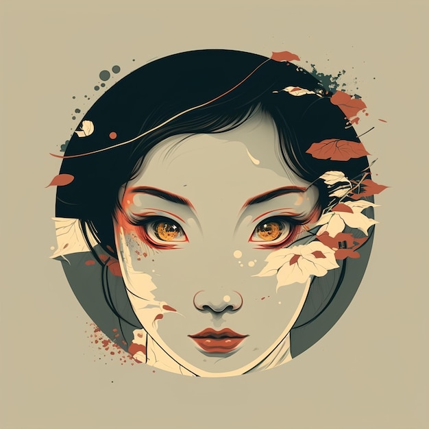 Generative AI illustration portrait of adorable Asian girl with black hair decorated with blooming flowers and traditional costume looking at camera on beige background