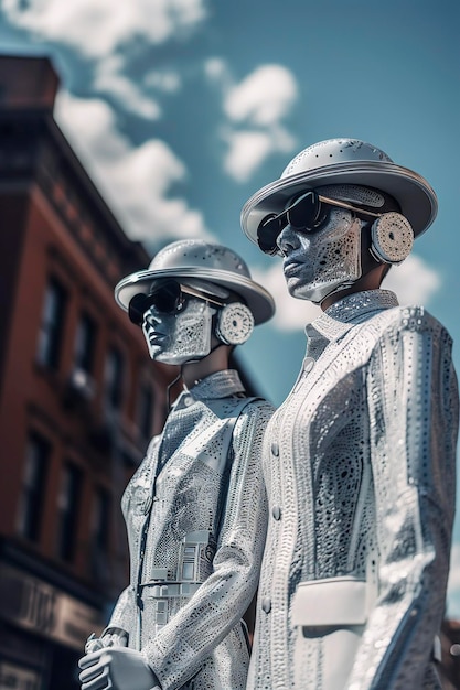 Generative AI illustration of portrait of couple of man and woman artificial intelligence robots in love dressed in latest fashion with sunglasses and hat