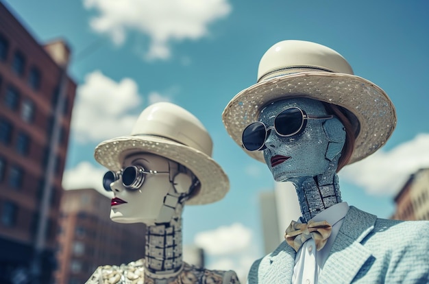 Generative AI illustration of portrait of couple of man and woman artificial intelligence robots in love dressed in latest fashion with sunglasses and hat