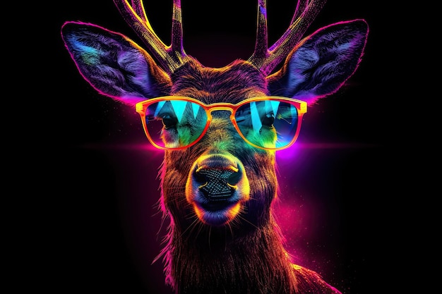 Generative AI illustration of a realistic Deer character wearing sunglasses and neon colors