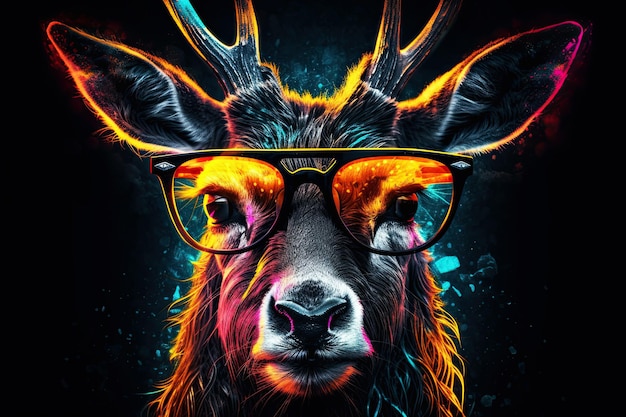 Generative AI illustration of a realistic Deer character wearing sunglasses and neon colors