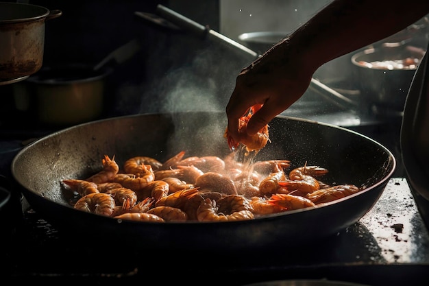 Generative AI illustration of Realistic photography of cook hands frying prawns