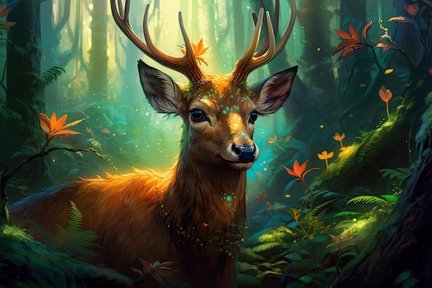 Generative AI illustration Realistic red deer in a magical forest with sparkling lights