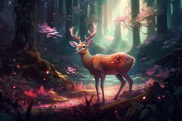 Generative AI illustration Realistic red deer in a magical forest with sparkling lights