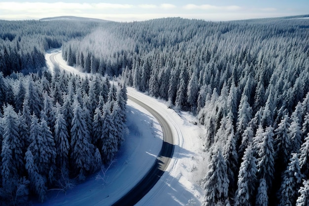 Generative AI illustration of a road with many curves through a forest of snowy trees in winter cold concept