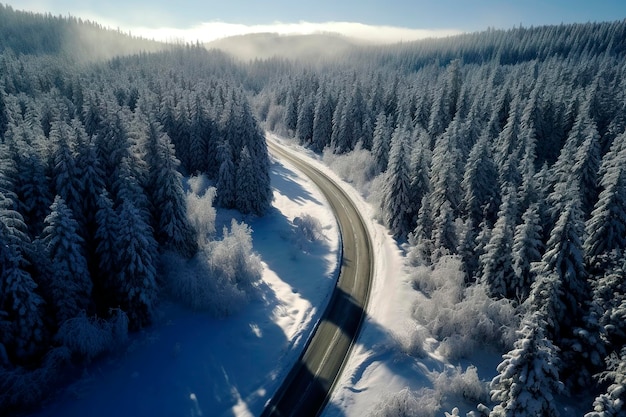 Generative AI illustration of a road with many curves through a forest of snowy trees in winter cold concept