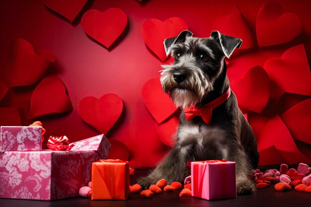 Photo generative ai illustration of schnauzer dog card with hearts and flowers background for valentine's daylove concept