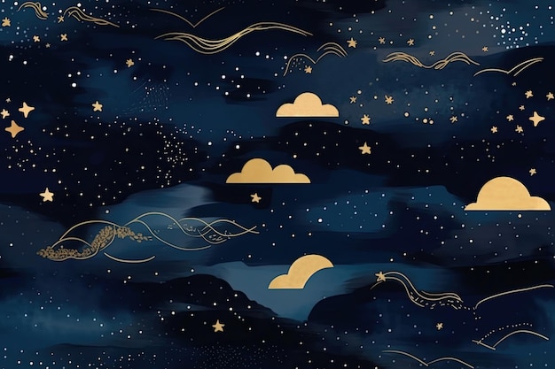 Generative AI illustration seamless pattern of the night sky with gold foil constellations stars and clouds Watercolor background of the night sky