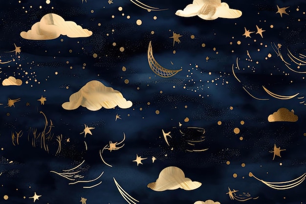 Generative AI illustration seamless pattern of the night sky with gold foil constellations stars and clouds Watercolor background of the night sky