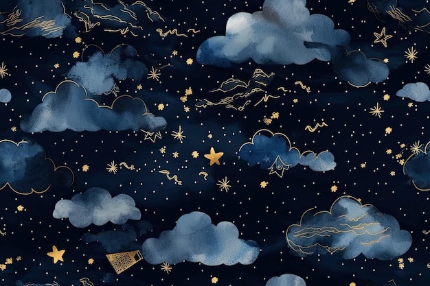 Generative AI illustration seamless pattern of the night sky with gold foil constellations stars and clouds Watercolor background of the night sky