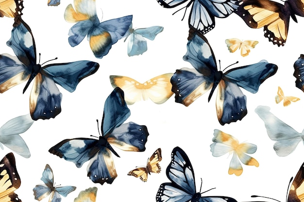 Generative AI illustration Seamless watercolor pattern with dark purple blue and lavender butterflies Elegant vintage design for fabric