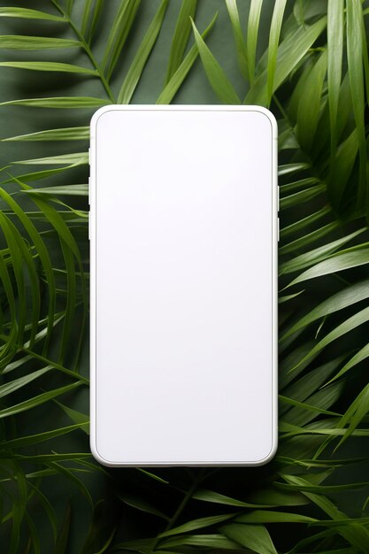 Generative AI illustration sleek modern smartphone with white screen mockup with plants on a desk background smartphone advertising concept