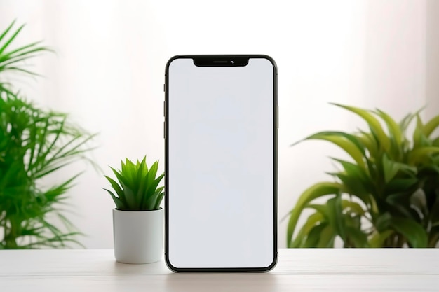 Generative AI illustration sleek modern smartphone with white screen mockup with plants on a desk background smartphone advertising concept