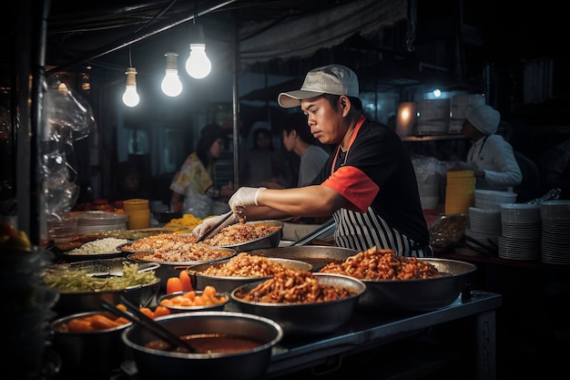 Generative AI illustration of street chef in Bangkok Thailand cooks up a dish for happy customers at the night market