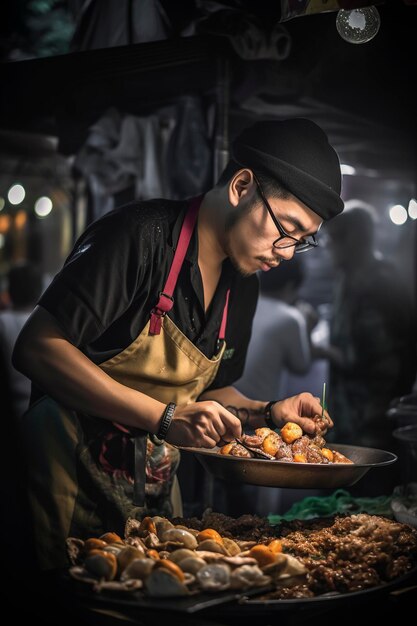 Generative AI illustration of street chef in Bangkok Thailand cooks up a dish for happy customers at the night market