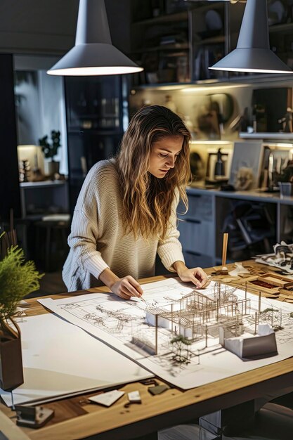 Photo generative ai illustration of sustainable architecture studio with recycled materials plans and model on the table