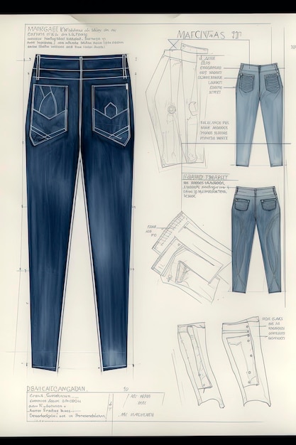 Generative AI illustration of technical data sheet for denim pants and jackets