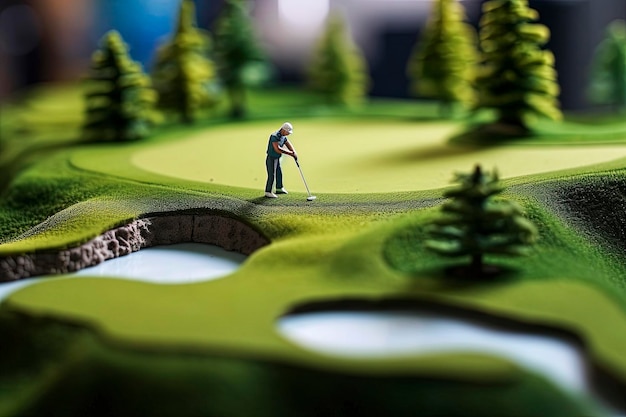 Generative AI illustration of tiny playing golf on green grass fieldDigital art