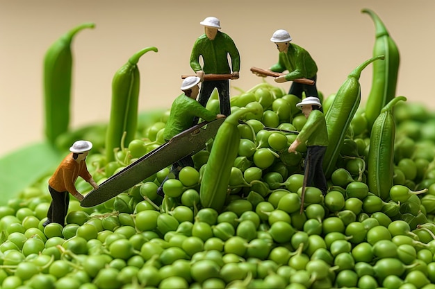 Generative AI illustration of Tiny workers shelling peas in the orchard Digital art