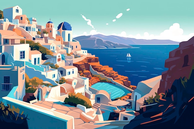 Generative AI illustration of a typical Mediterranean seaside resort town on a sunny day viewed from above in illustration style