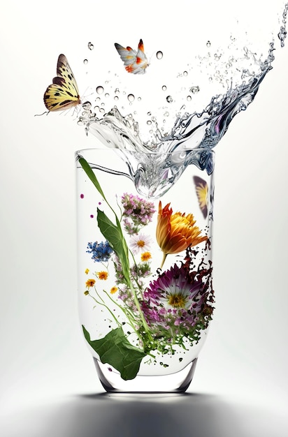 Generative AI illustration of Vase with flowers splashing water and butterflies