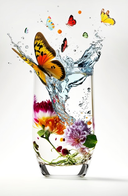 Generative AI illustration of Vase with flowers splashing water and butterflies