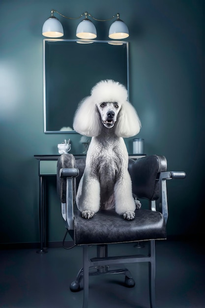 Generative AI illustration of White giant poodle dog sitting in a salon chair waiting to get a haircut