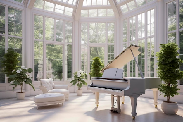 Generative AI illustration of white grand piano in living room surrounded by light coming through the glass Luxury house