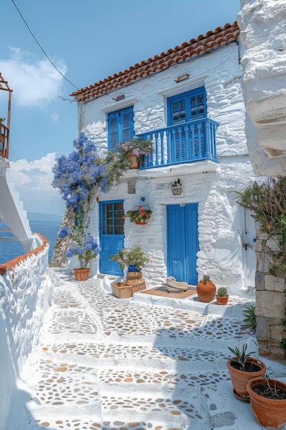 Generative ai illustration of a white Greek house with blue details